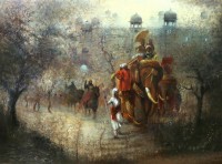 A. Q. Arif, The Hunter's Caravan, 36 x 48 Inch, Oil on Canvas, Cityscape Painting, AC-AQ-236